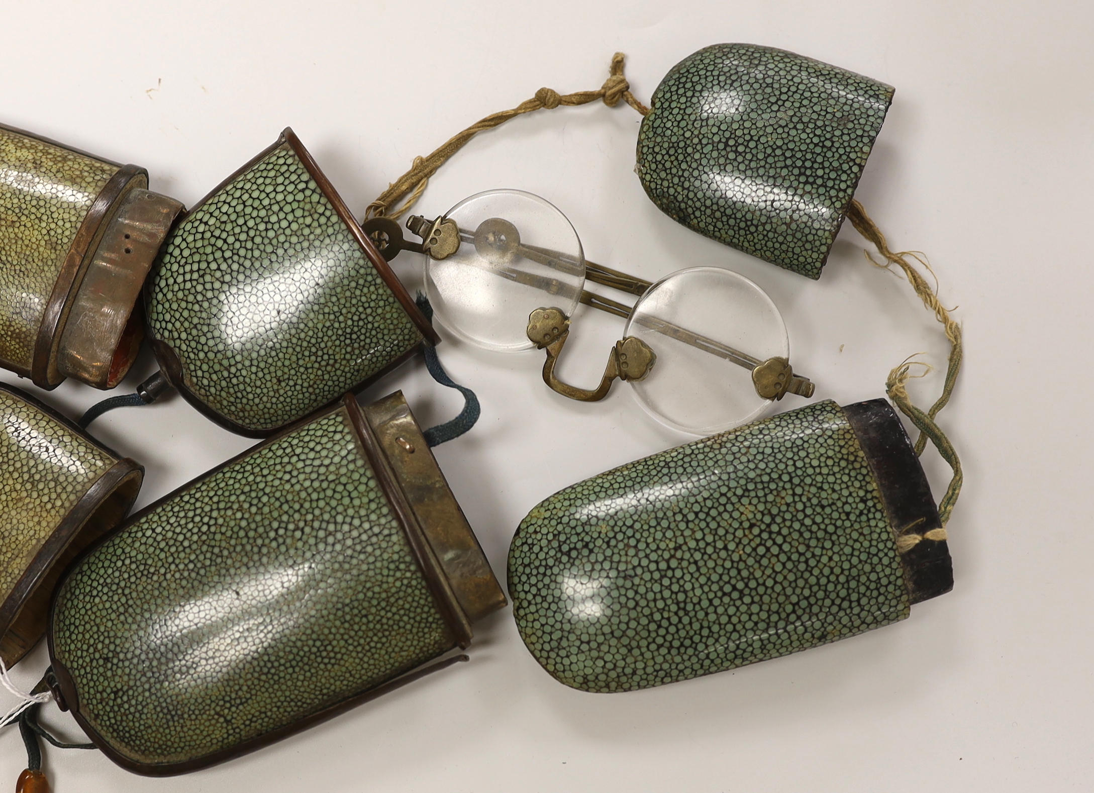 Three Victorian shagreen spectacle cases and one pair of spectacles